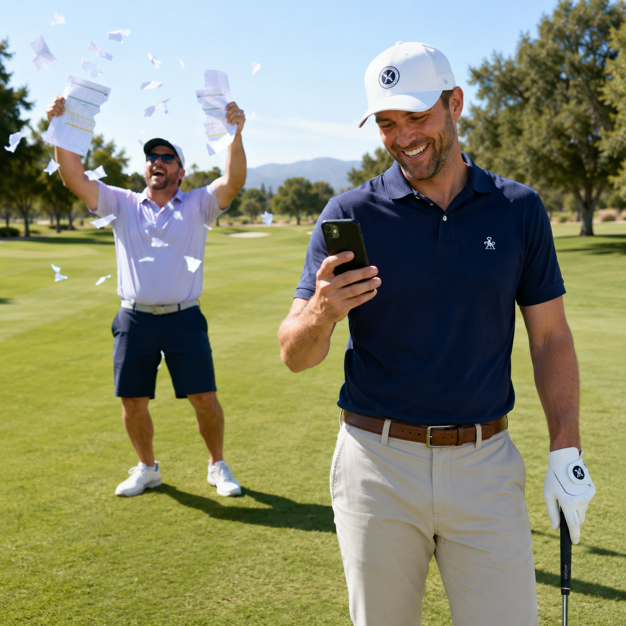 Golfer checking league scores on the app while his buddy celebrates tossing the old paper scoresheets